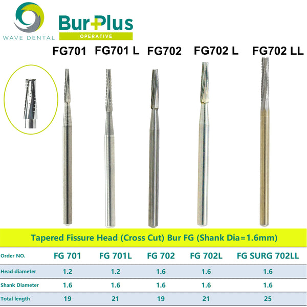 PRIMA WAVE Dental Burs Tungsten Carbide Bur FG Dentistry Drill Tapered Fissure Cross Cut Head For High Speed Handpiece