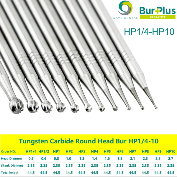 WAVE Dental Burs Round Tungsten Carbide Bur Dental Drill Bits For Straight Nose Cone Handpiece HP 0.5 to 2.7mm 5Pcs/Pack