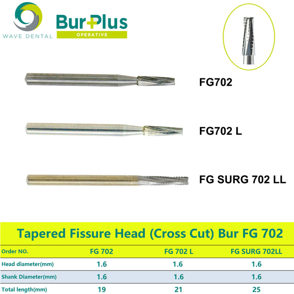 PRIMA WAVE Dental Tungsten Carbide Burs Dentistry Drill Tapered Fissure Cross Cut Head FG702 For High Speed Handpiece 5pcs/Pack