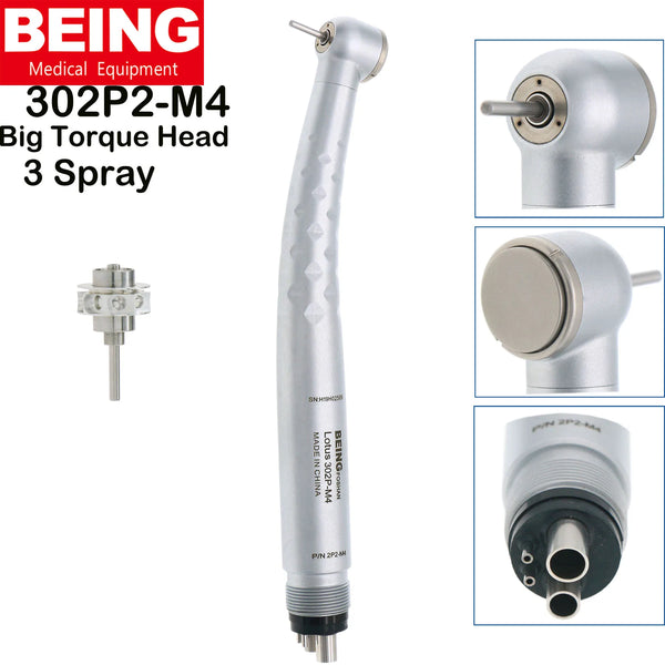BEING Dental Big Torque Head Push Button 3 Water Spray System High Speed Handpiece 4Holes Lotus 302P M4